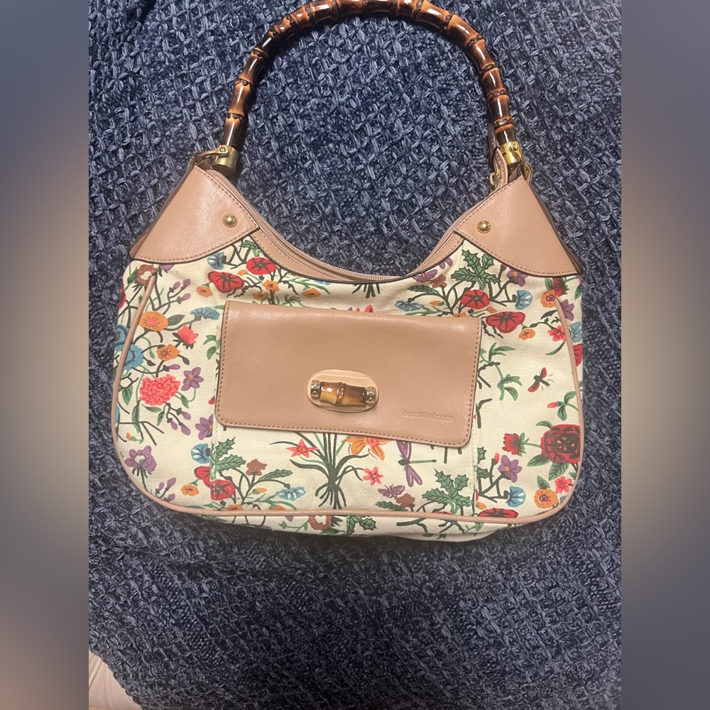 Floral Beige Bamboo handle Women's Bag
